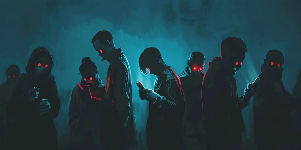Dark figures with red eyes glued to their cellphones