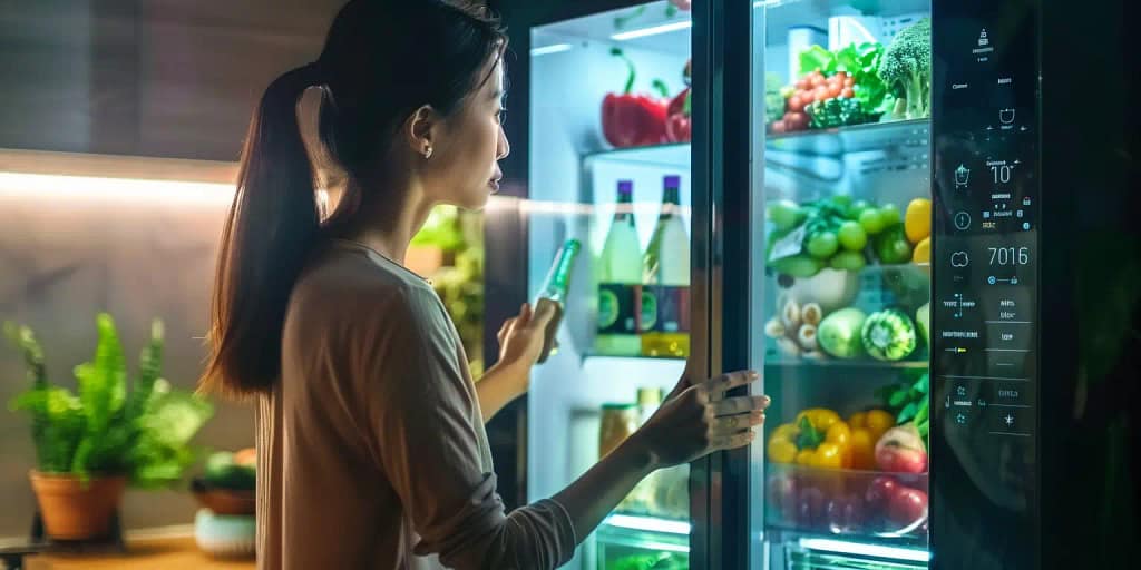Woman looking into smart fridge