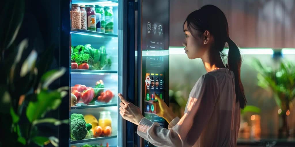 Woman looking into smart fridge
