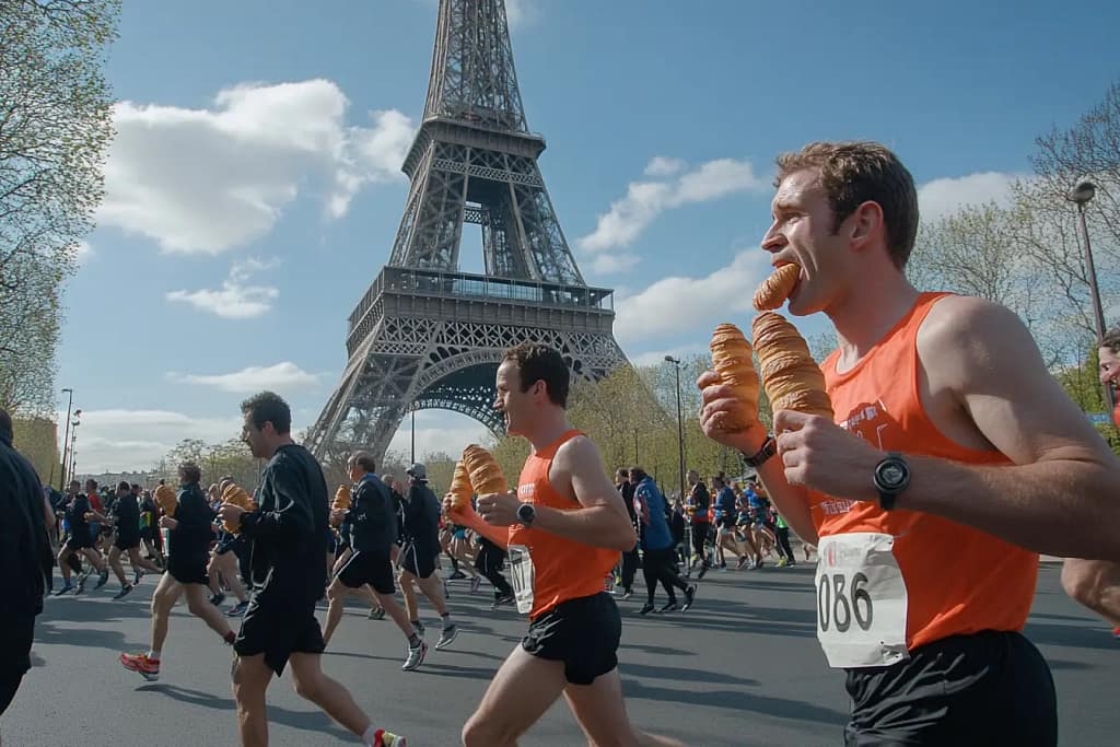 Paris Olympic Marathon with runners eating croissants