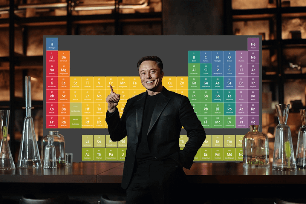 Elon Musk standing in front of a large periodic table