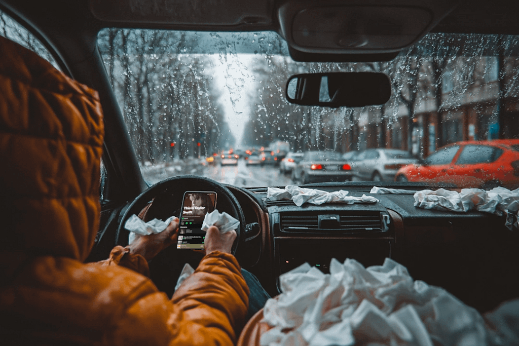 Person stuck in traffic with tissues listening to Taylor Swift on Spotify