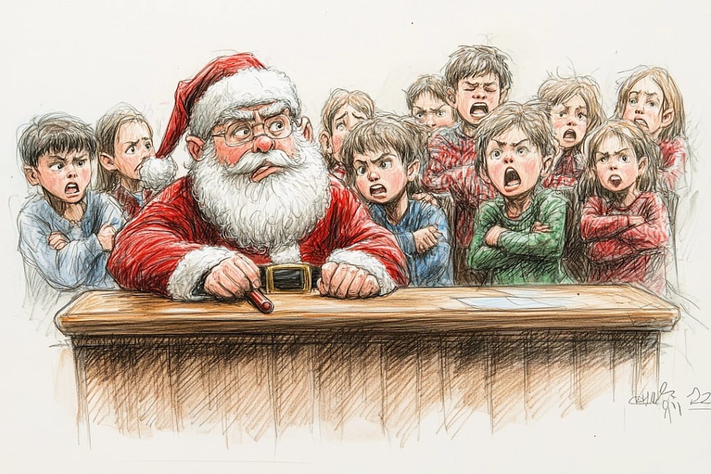 Santa being scolded by children in court
