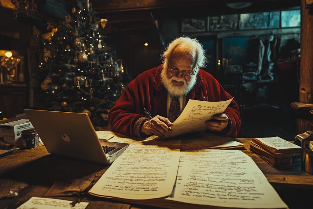 Santa distressed looking over naughty list