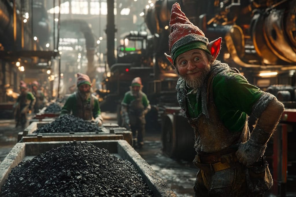 elf being interviewed in the coal manufacturing plant