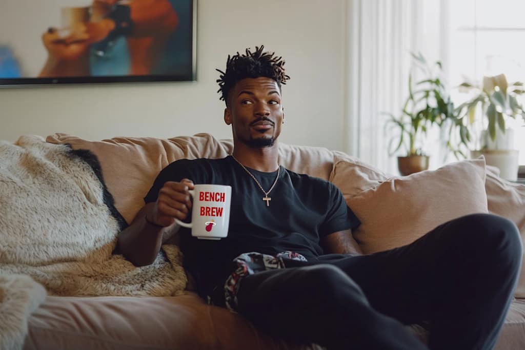 Jimmy Butler sitting on couch with Bench Brew coffee mug
