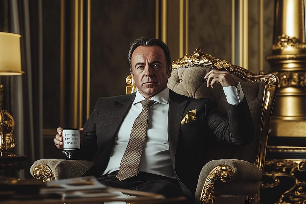 Rich Corporate CEO in expensive suit holding coffee mug stating Let Them Eat Side Hustles