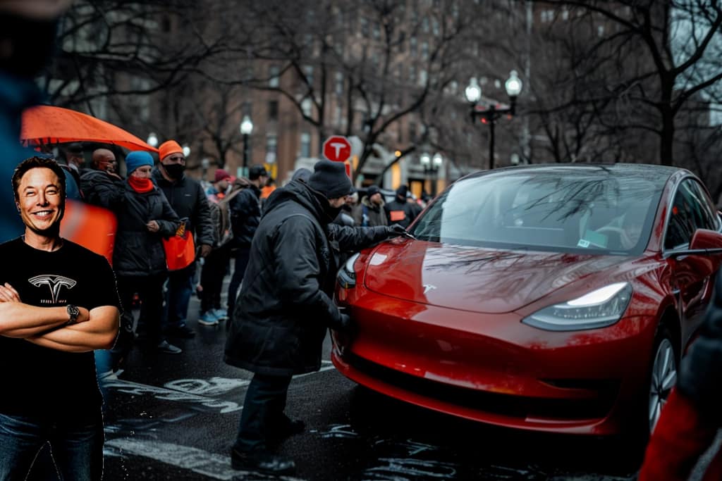 Musk grinning as protester vandalizes Tesla