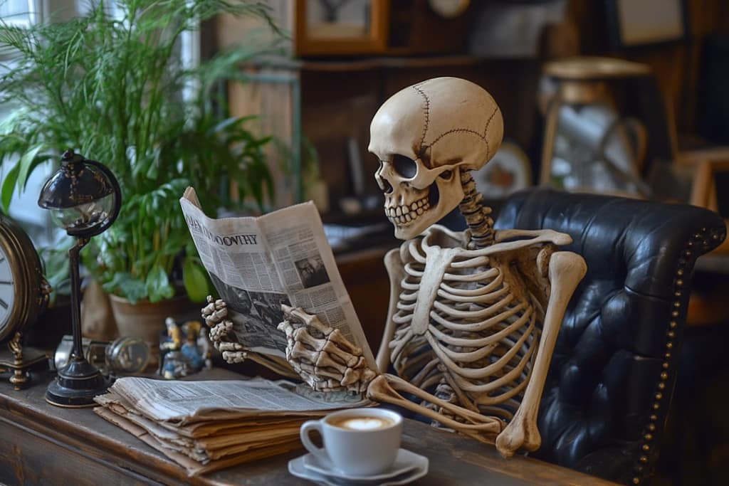 Skeleton Sitting At Desk Reading Newspaper