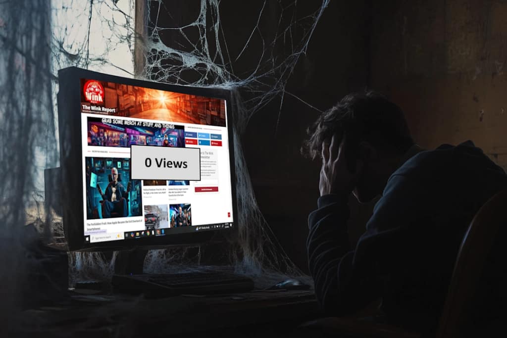 disappointed man looking at website with zero views