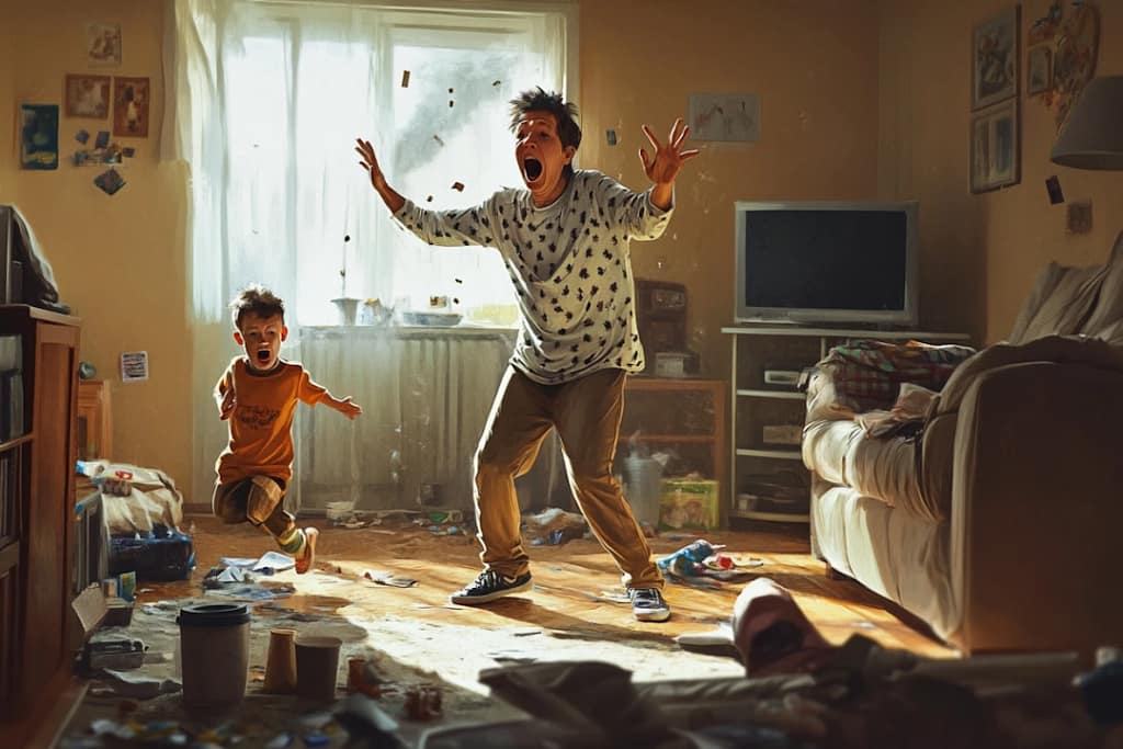 Frazzled parent with crazy kid running around