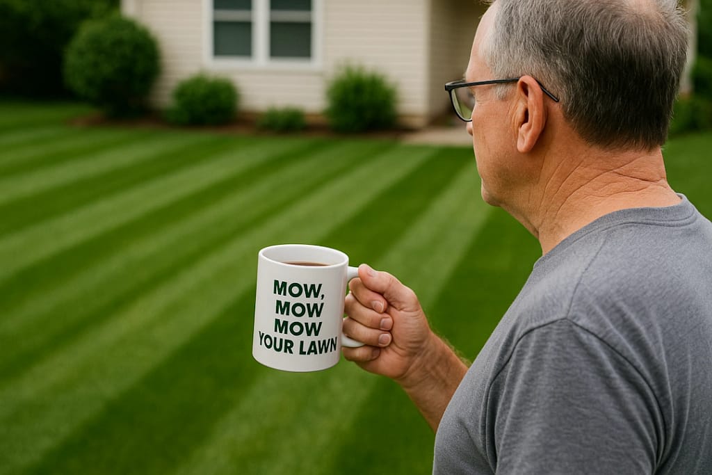 Middle aged Dad looking at his lawn mowed yesterday in approval