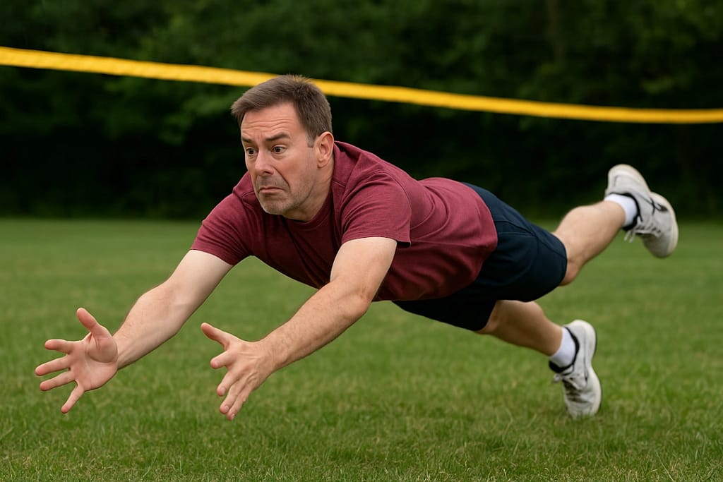 middle aged man diving for volleyball immediately regrets it