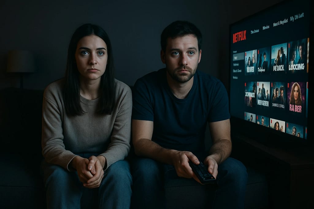 Couple blankly staring at Netflix menu deciding what to watch