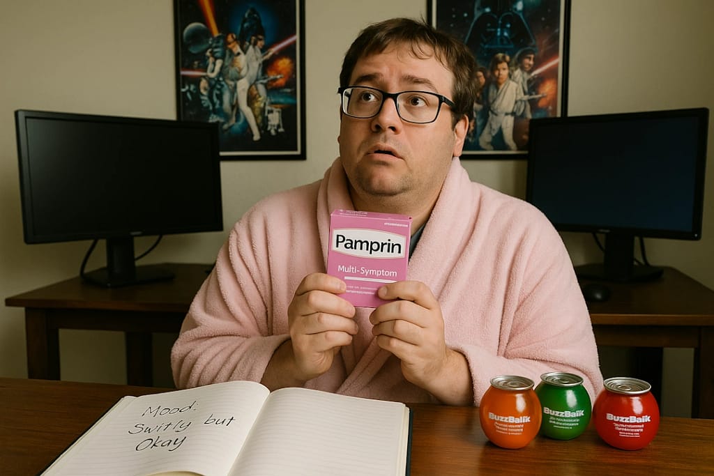 A man in a pink bathrobe holds a Pamprin box with a confused yet enlightened expression, sitting at a desk with BuzzBallz, dual monitors, and an open journal that reads “Mood: Swirly but Okay,” with Star Wars posters behind him.