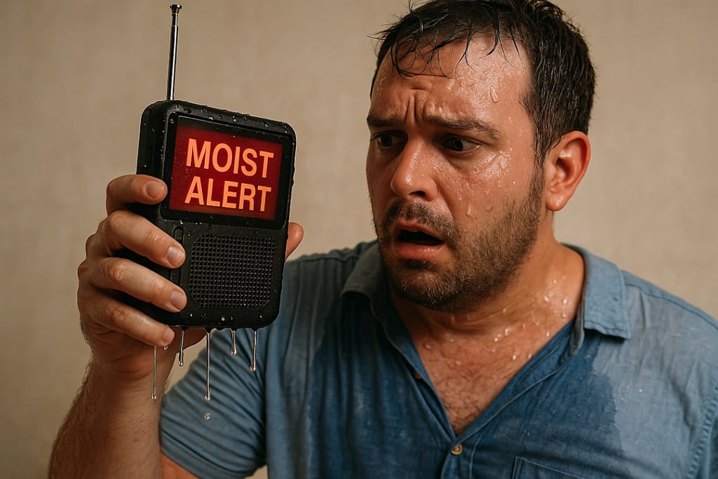 man dripping in sweat with the emergency alert on radio as moist