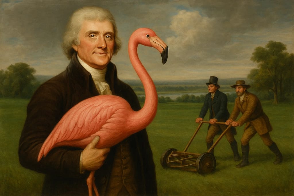 Thomas Jefferson holding a large pink lawn flamingo with a proud smile while Lewis and Clark push an old-fashioned wooden lawn mower in the background on a vast green lawn.