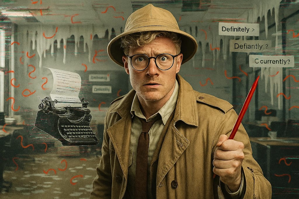 A digitally-created, realistic image of a young man in a safari hat and trench coat holding a red pen like a sword inside a glitching newsroom. A ghostly typewriter floats beside him, emitting corrupted text and surrounded by floating autocorrect suggestions and red squiggly error lines.