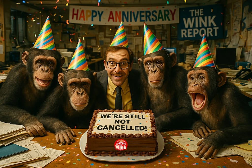 Four primate journalists in rainbow-striped party hats celebrate The Wink Report’s one-year anniversary in a chaotic newsroom, gathered around a chocolate cake reading “WE’RE STILL NOT CANCELLED!”, while a smiling man photobombs in the center, later identified as Greg from Accounting.