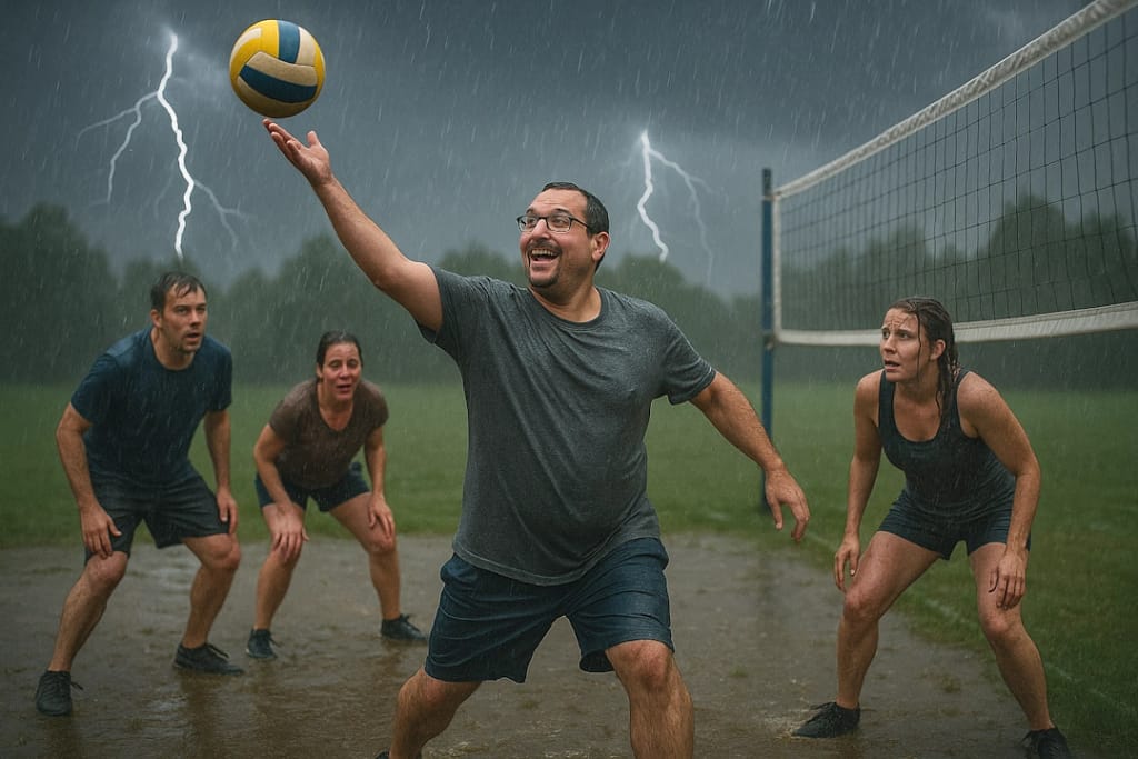 Adults play volleyball on a rain-soaked grass court during a thunderstorm, with lightning flashing in the sky as one man confidently serves the ball.
