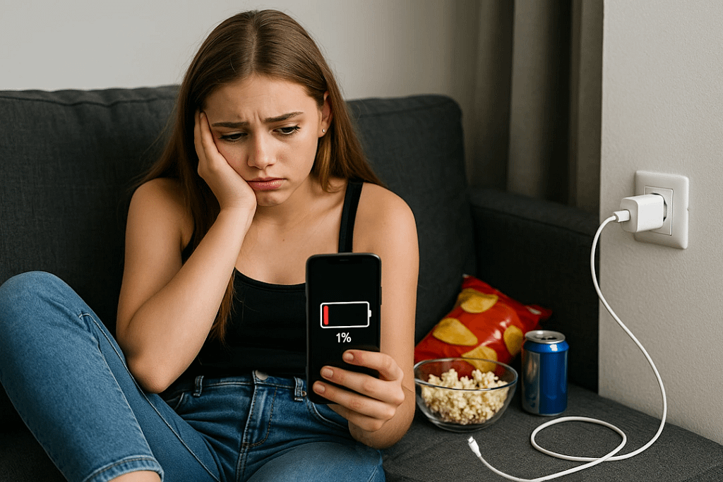 Teenage girl looking distressed at phone with 1% battery, ignoring nearby charger plugged into the wall.