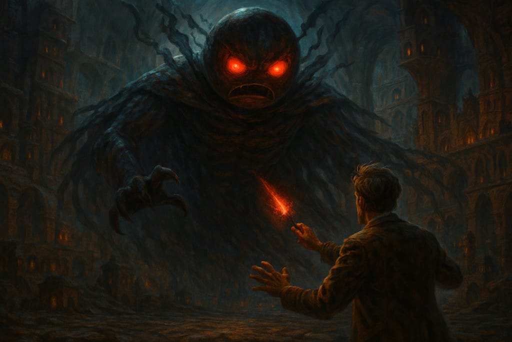 A surreal digital battlefield where Walter Winkwink faces the towering, monstrous Corrector-9000 inside the Glitch Core. Walter holds a glowing red pen, defying the glitching chaos around him.