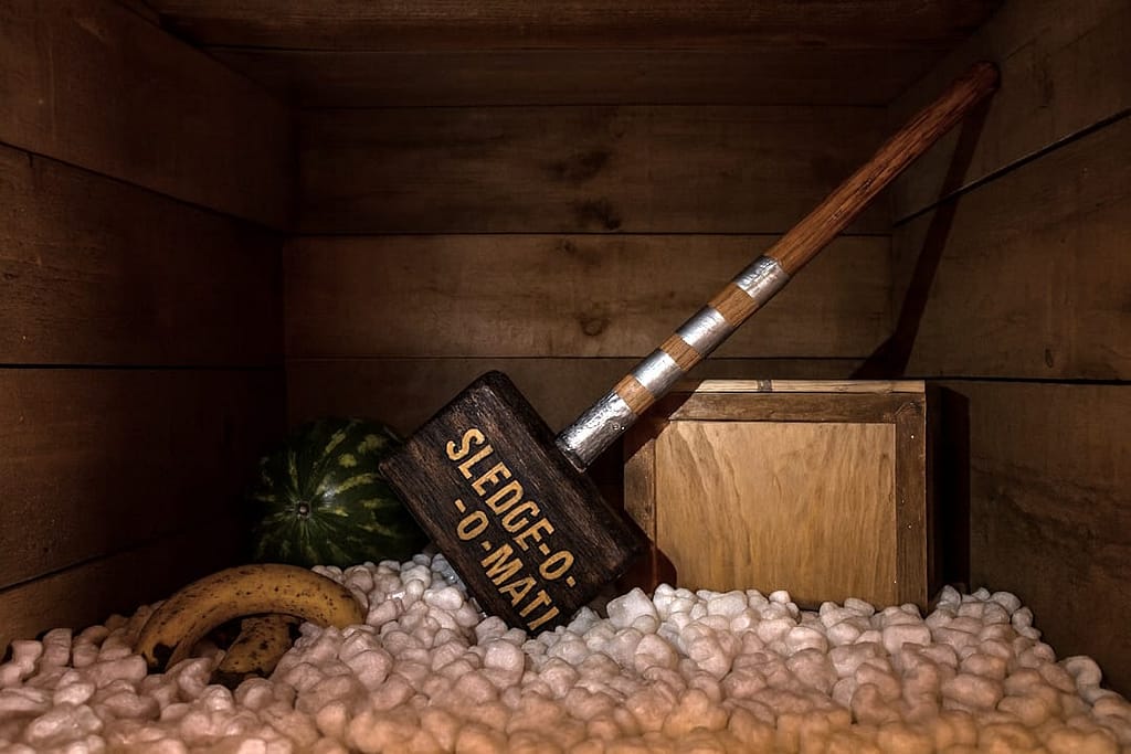 A wooden crate interior, showcasing Gallagher’s iconic Sledge-O-Matic hammer resting upright among scattered packing peanuts and slightly overripe bananas.