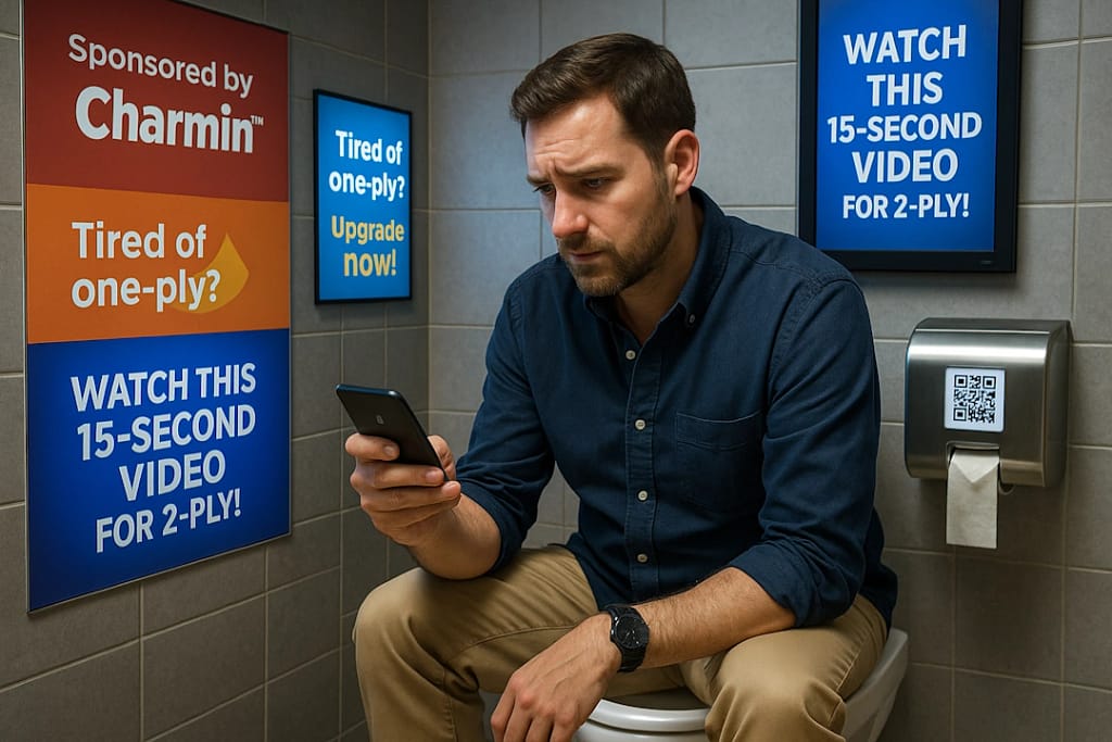 A frustrated man sitting on a toilet in a modern public restroom, holding a smartphone that reads “LOADING YOUR WIPE ALLOCATION…” while glowing digital ads on the stall walls promote “Sponsored by Charmin” and “Watch this 15-second video for 2-ply.”