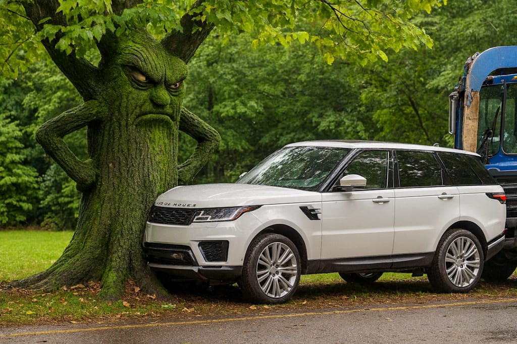 An angry, human-like tree with arms on its hips glares down at a white Range Rover that has crashed into its trunk, while a blue garbage truck lingers in the background.