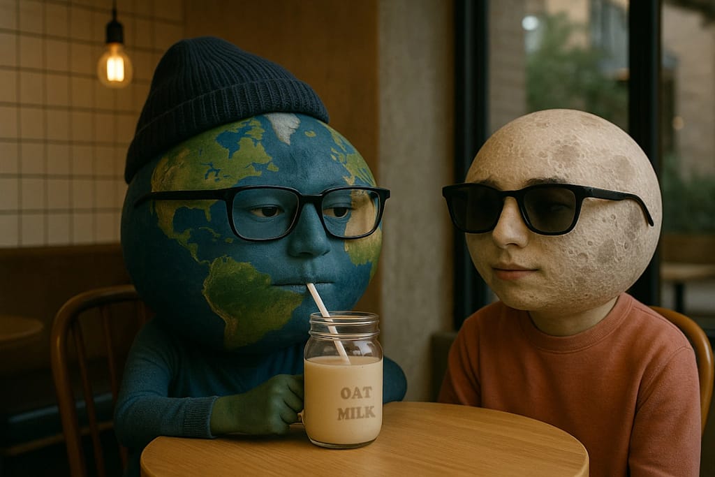 Earth and the Moon, personified with human-like bodies and celestial heads, sit together at a trendy café table. Earth wears thick-rimmed glasses and a beanie while sipping oat milk from a mason jar. The Moon, also personified, wears black sunglasses and a casual sweater, appearing relaxed and cool.