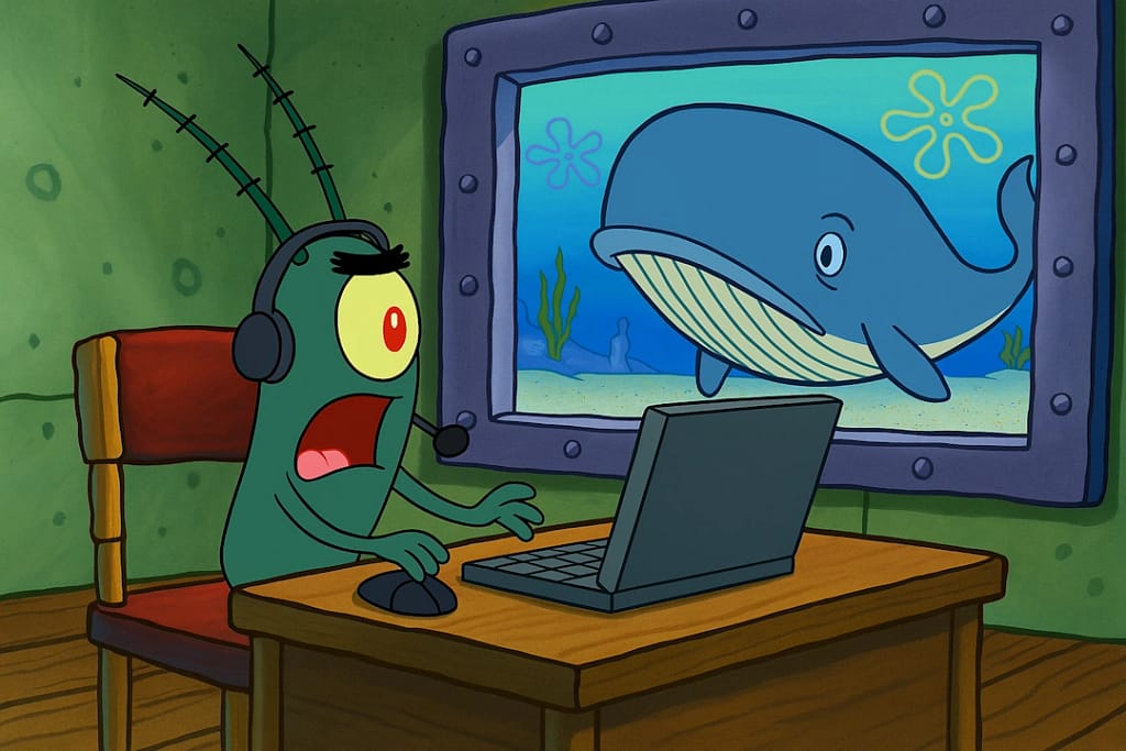 Plankton sits at his underwater home office desk wearing a headset, startled as a massive whale swims past his window.