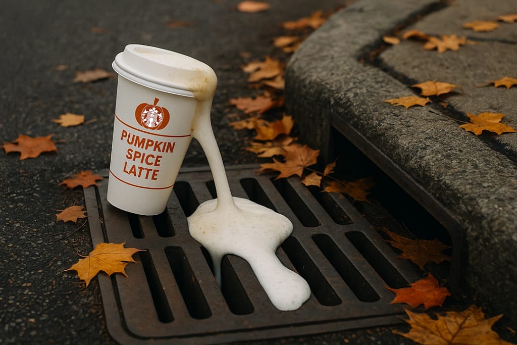 A tipped-over Pumpkin Spice Latte cup spills foamy liquid into a storm drain surrounded by scattered autumn leaves on a wet street.