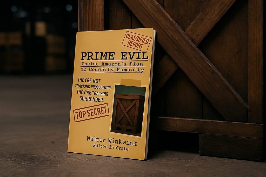 A paperback copy of Prime Evil: Inside Amazon’s Plan to Couchify Humanity leans against a large wooden crate in a dimly lit warehouse.