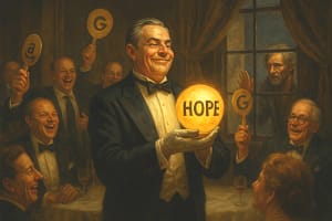 A smug billionaire in a tuxedo holds a glowing orb labeled "HOPE" at an extravagant auction, surrounded by laughing elites holding paddles with tech logos, while a poor man peers in longingly through a window.