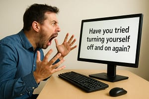 A frustrated man yelling at a computer screen that displays the message, “Have you tried turning yourself off and on again?”