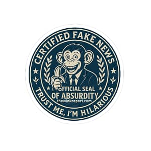 Official Seal of Absurdity | Certified Fake News Monkey Kiss-Cut Sticker for Laptops, Offices & Mischief