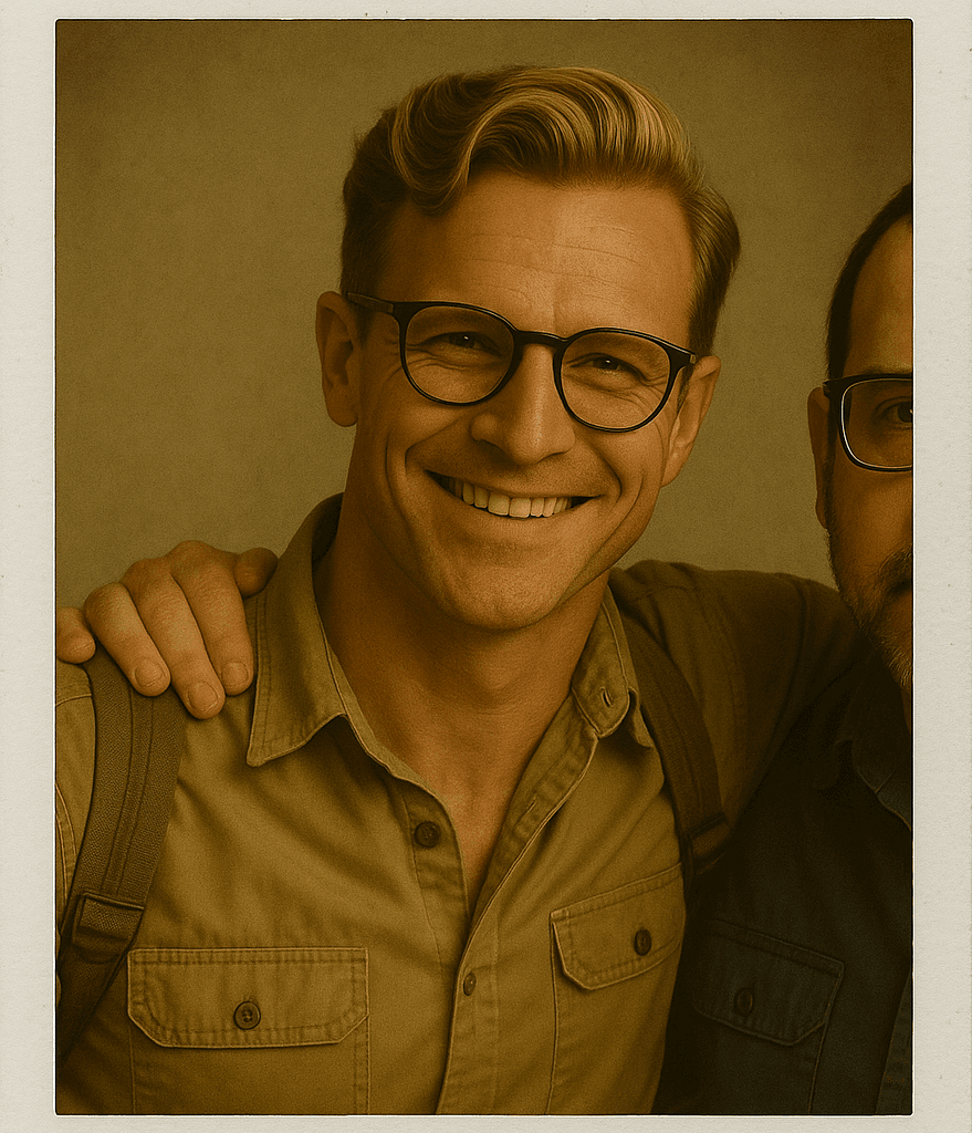 Walter Winkwink smiling in a vintage-style portrait with an unidentified companion partially cropped out of frame.