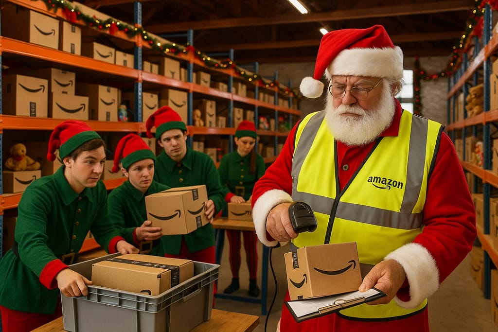 Santa Claus wearing an Amazon warehouse vest scans a package while stressed-out elves in green uniforms sort Amazon boxes inside a converted North Pole workshop.