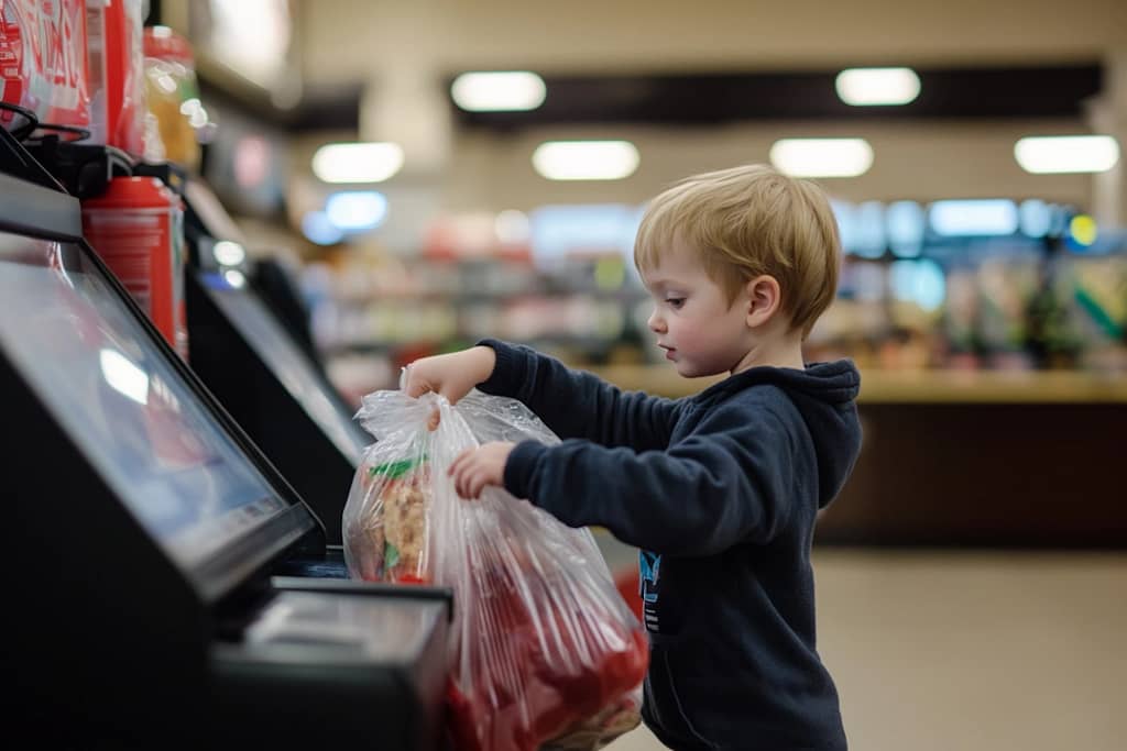 Child bagging groceries at self-checkout