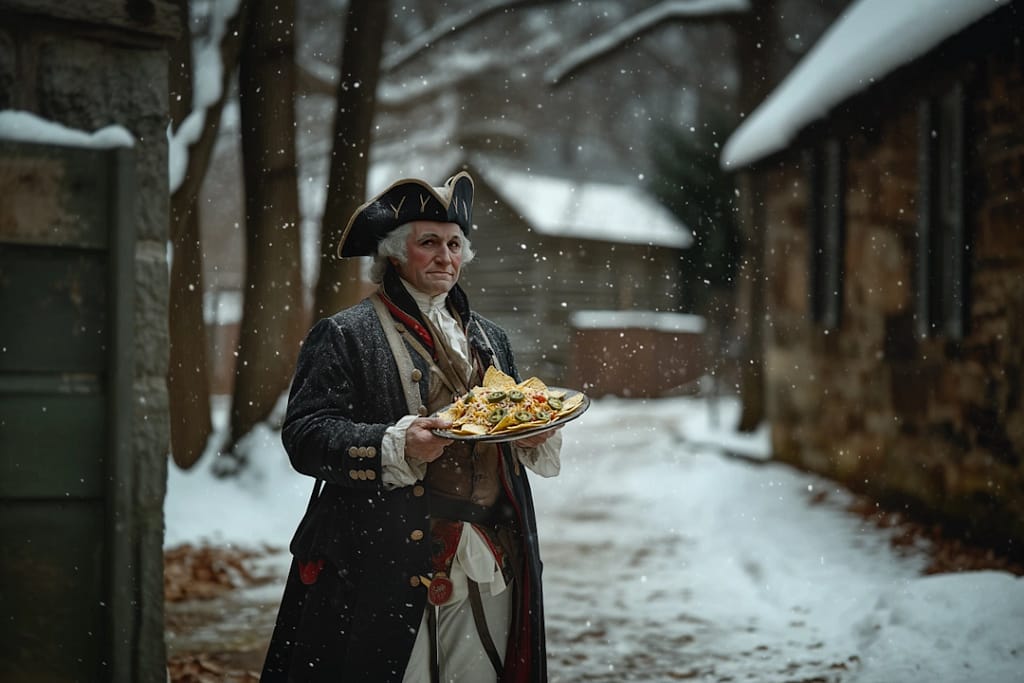 George Washington holding plate of nachos during harsh winter at Valley Forge