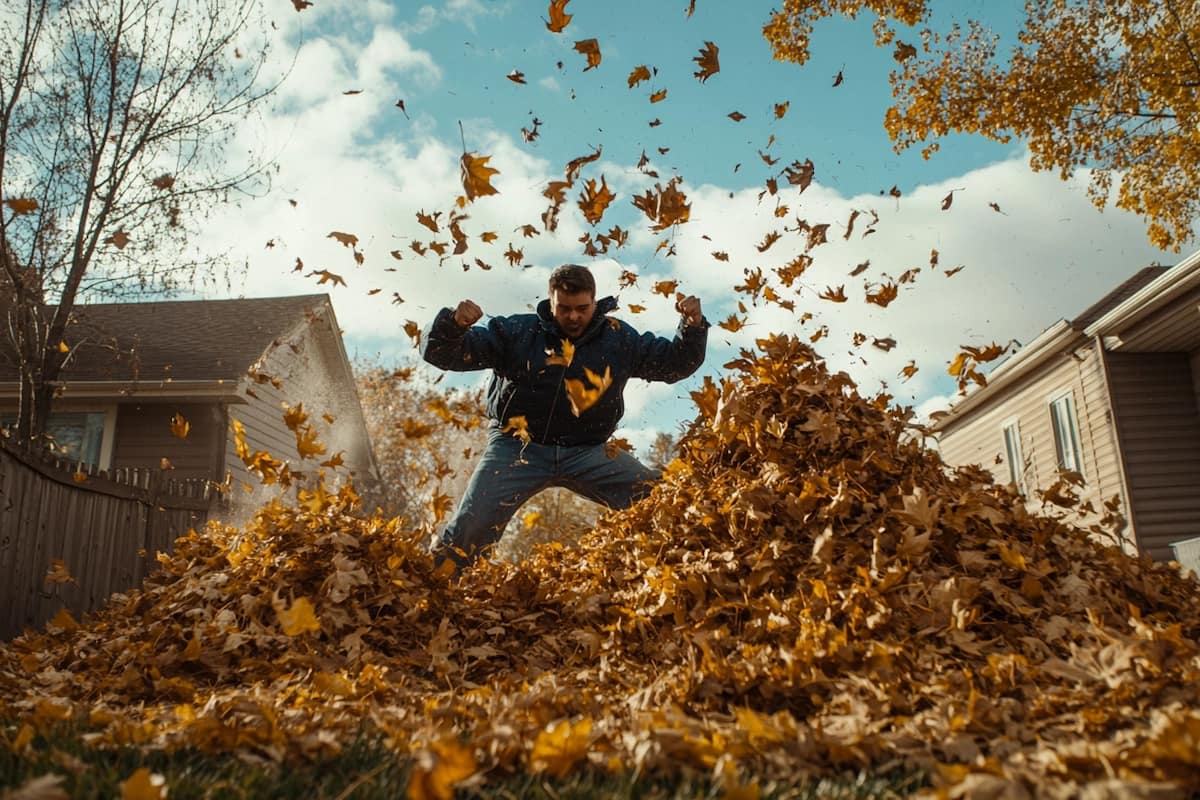 man angry at pile of leaves
